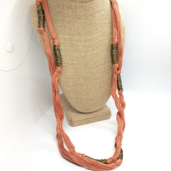 ARTISAN FABRIC FIBER YARN BRASS RINGS NECKLACE ARTSY LONG FLAPPER STYLE - Picture 1 of 10